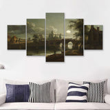 Chertsey Bridge By Moonlight 5 Pieces Canvas Prints Wall Art - Painting Canvas, Multi Panel