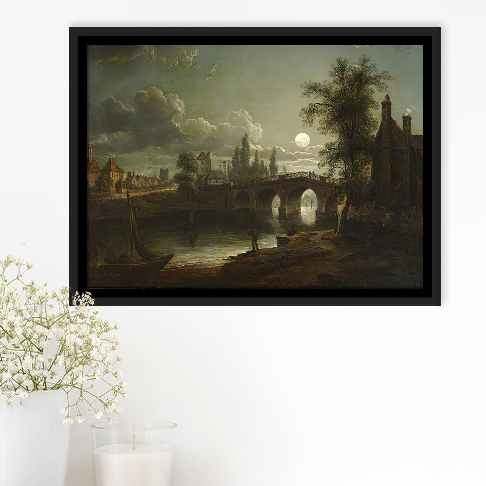 Chertsey Bridge By Moonlight Framed Canvas Prints Wall Art - Painting Canvas, Floating Frame, Wall Decor