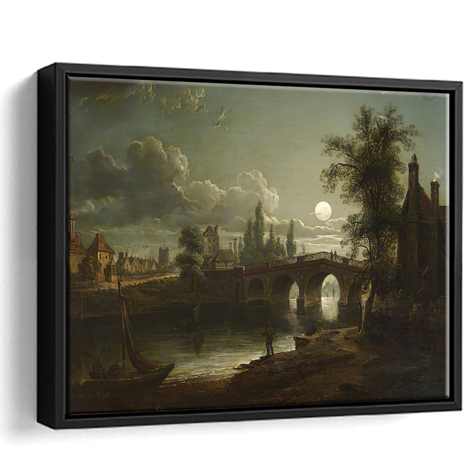 Chertsey Bridge By Moonlight Framed Canvas Prints Wall Art - Painting Canvas, Floating Frame, Wall Decor