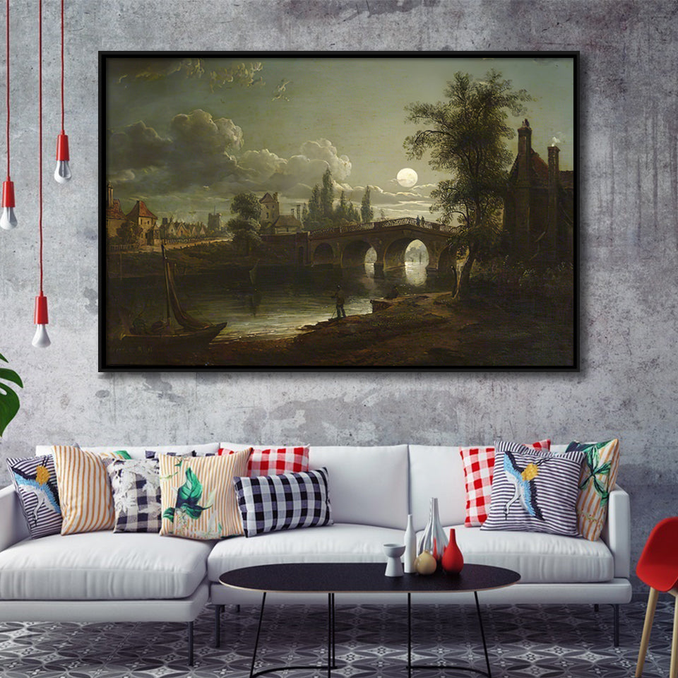 Chertsey Bridge By Moonlight Framed Canvas Prints Wall Art - Painting Canvas, Floating Frame, Wall Decor