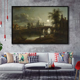 Chertsey Bridge By Moonlight Framed Canvas Prints Wall Art - Painting Canvas, Floating Frame, Wall Decor