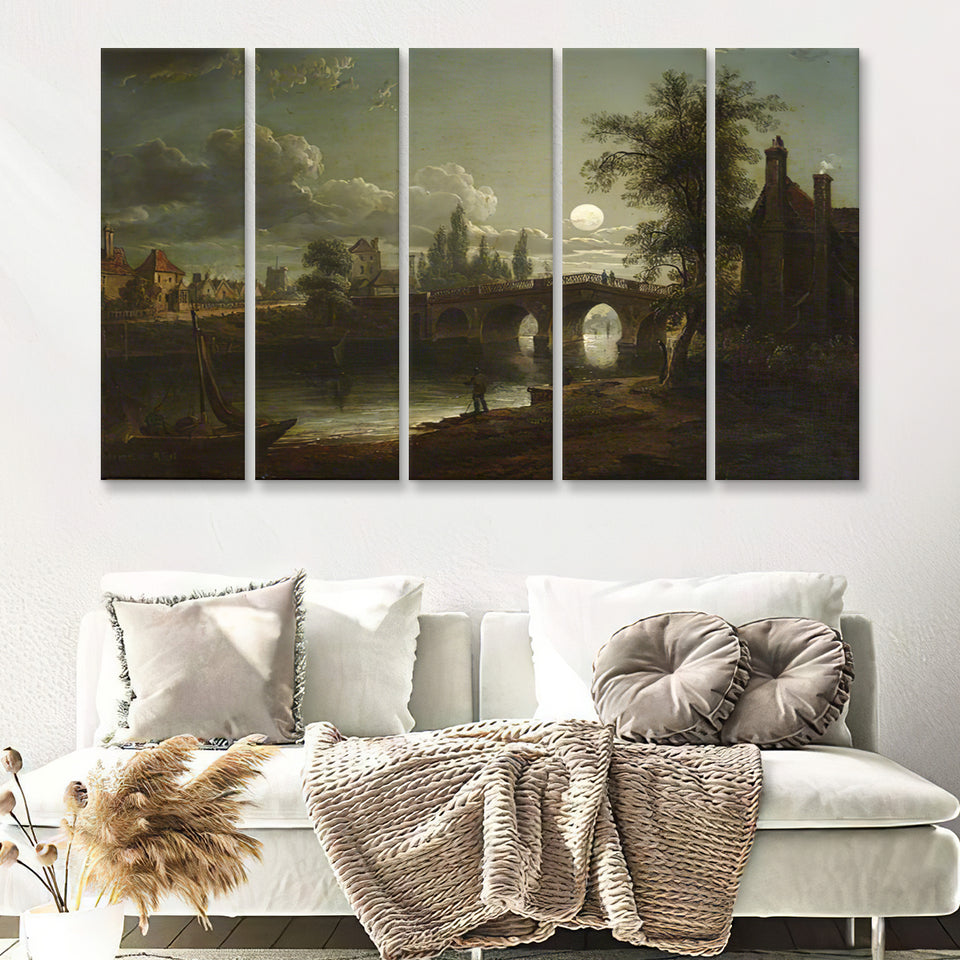 Chertsey Bridge By Moonlight 5 Pieces B Canvas Prints Wall Art - Painting Canvas, Multi Panel