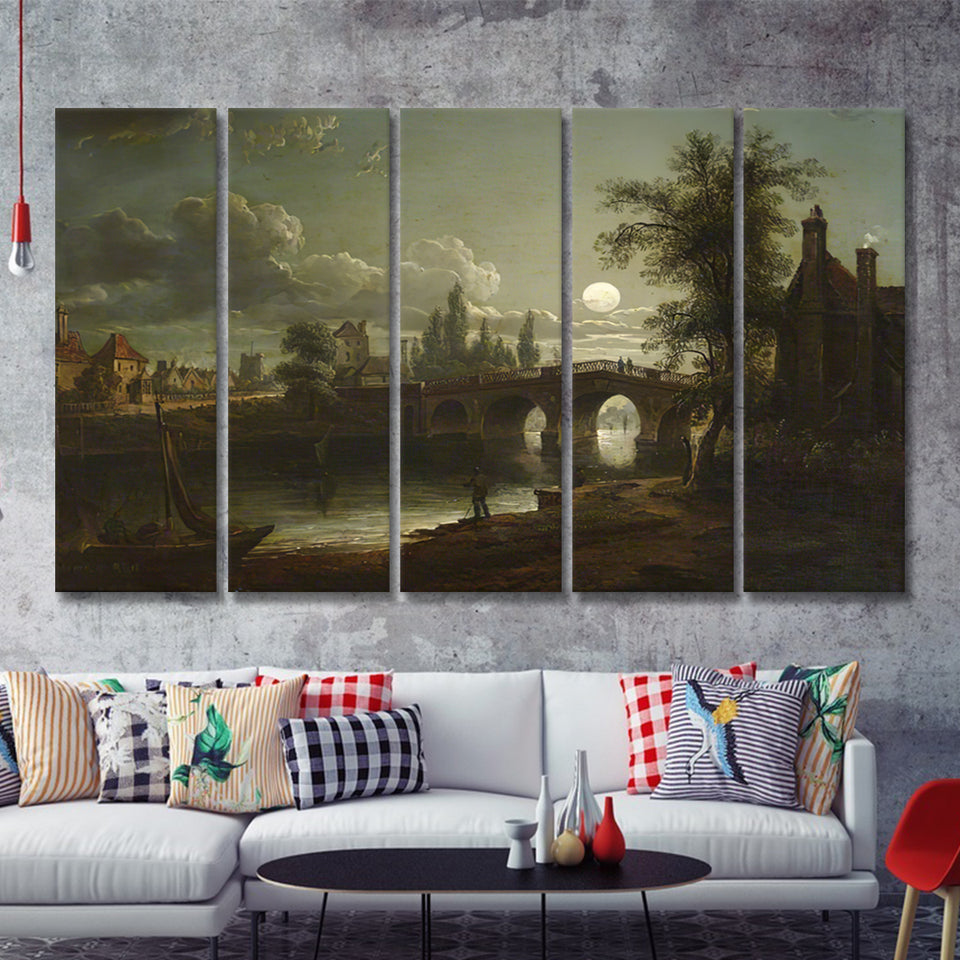 Chertsey Bridge By Moonlight 5 Pieces B Canvas Prints Wall Art - Painting Canvas, Multi Panel