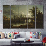 Chertsey Bridge By Moonlight 5 Pieces B Canvas Prints Wall Art - Painting Canvas, Multi Panel