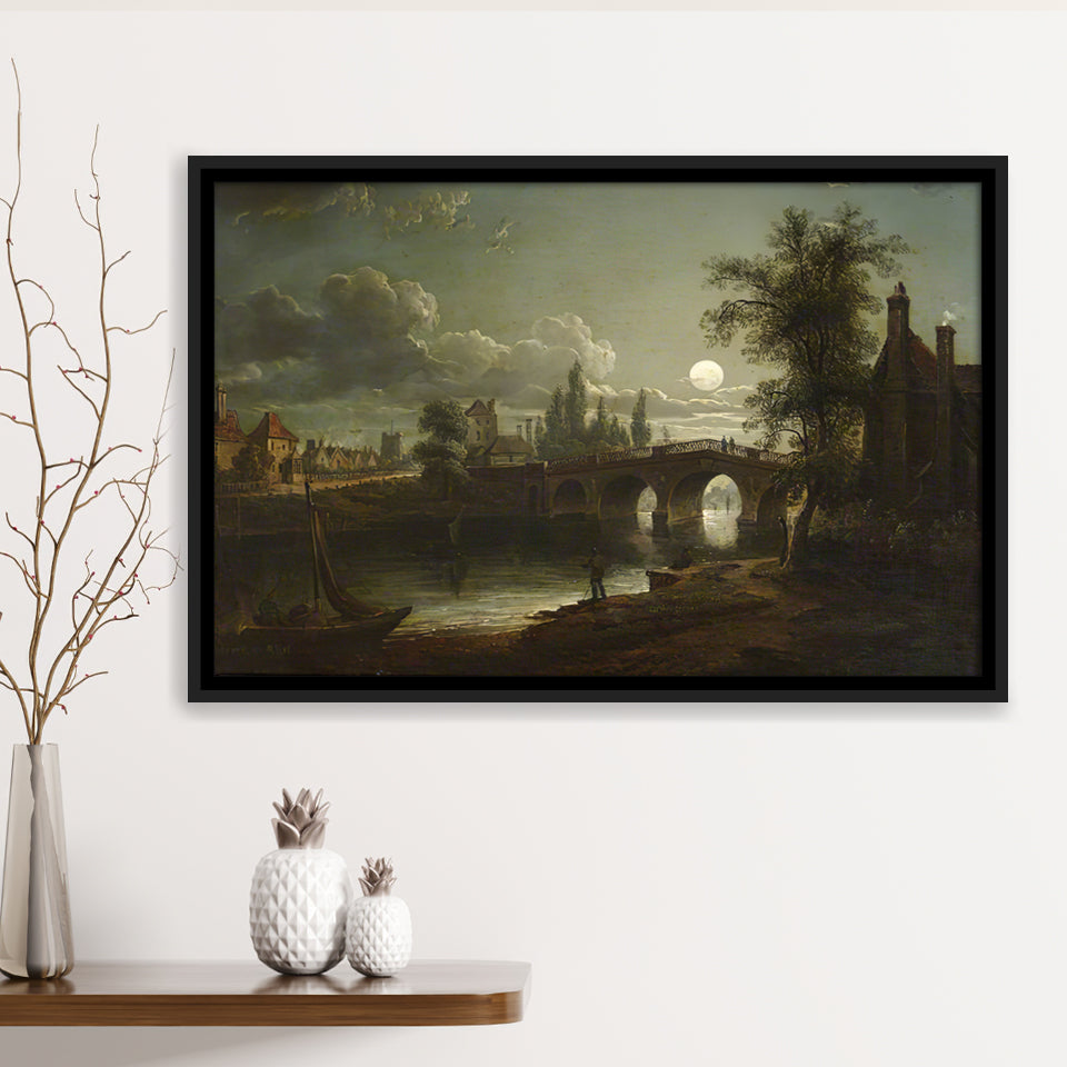 Chertsey Bridge By Moonlight Framed Canvas Prints Wall Art - Painting Canvas, Floating Frame, Wall Decor