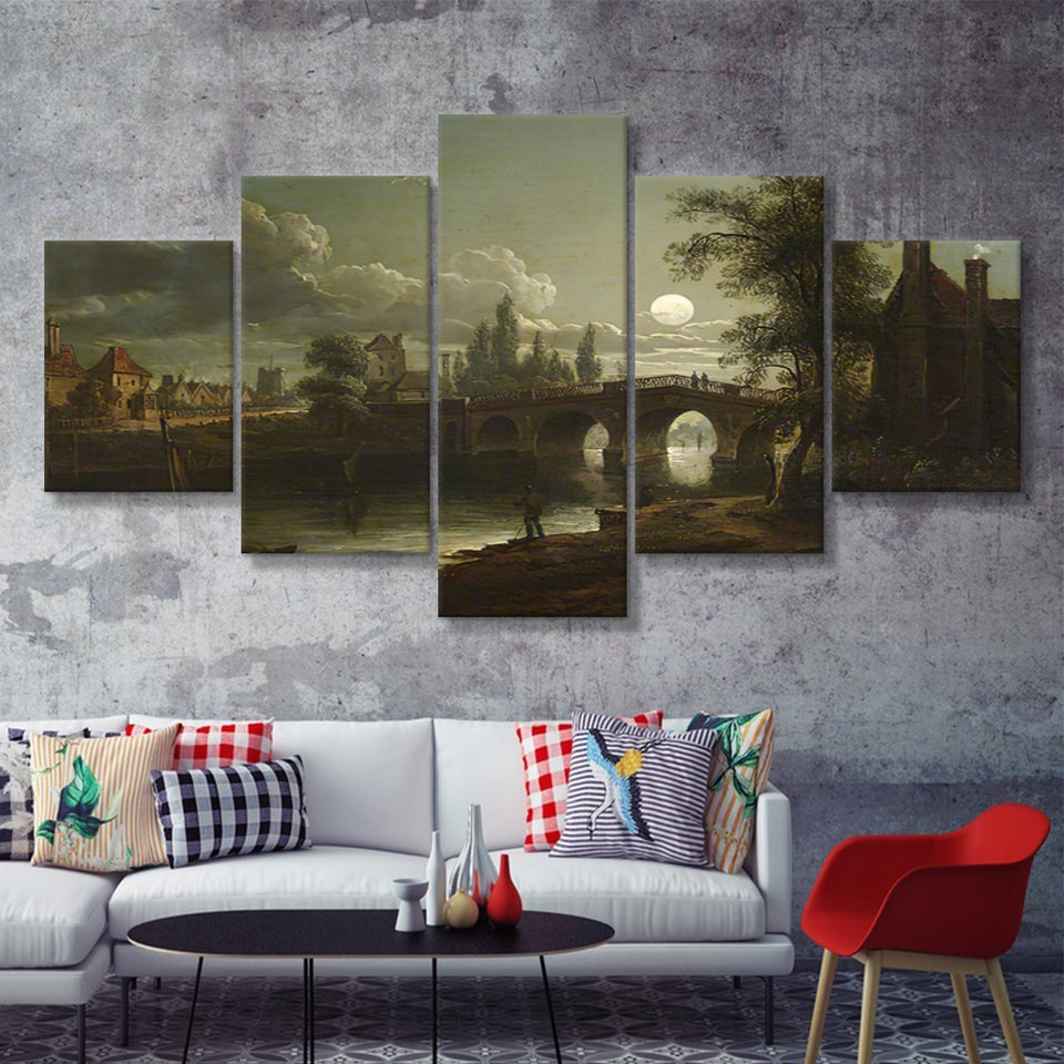 Chertsey Bridge By Moonlight 5 Pieces Canvas Prints Wall Art - Painting Canvas, Multi Panel