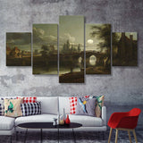 Chertsey Bridge By Moonlight 5 Pieces Canvas Prints Wall Art - Painting Canvas, Multi Panel