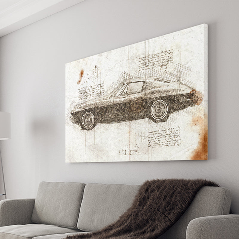Chevrolet Corvette Stingray 1963 Da Vinci Style Canvas Prints - Painting Canvas, Wall Art,Old Car, Prints for Sale,Wal Decor, Home Decor