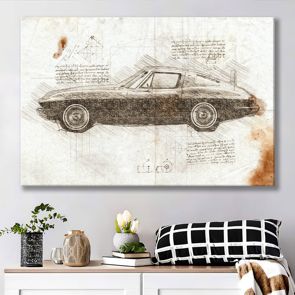 Chevrolet Corvette Stingray 1963 Da Vinci Style Canvas Prints - Painting Canvas, Wall Art,Old Car, Prints for Sale,Wal Decor, Home Decor