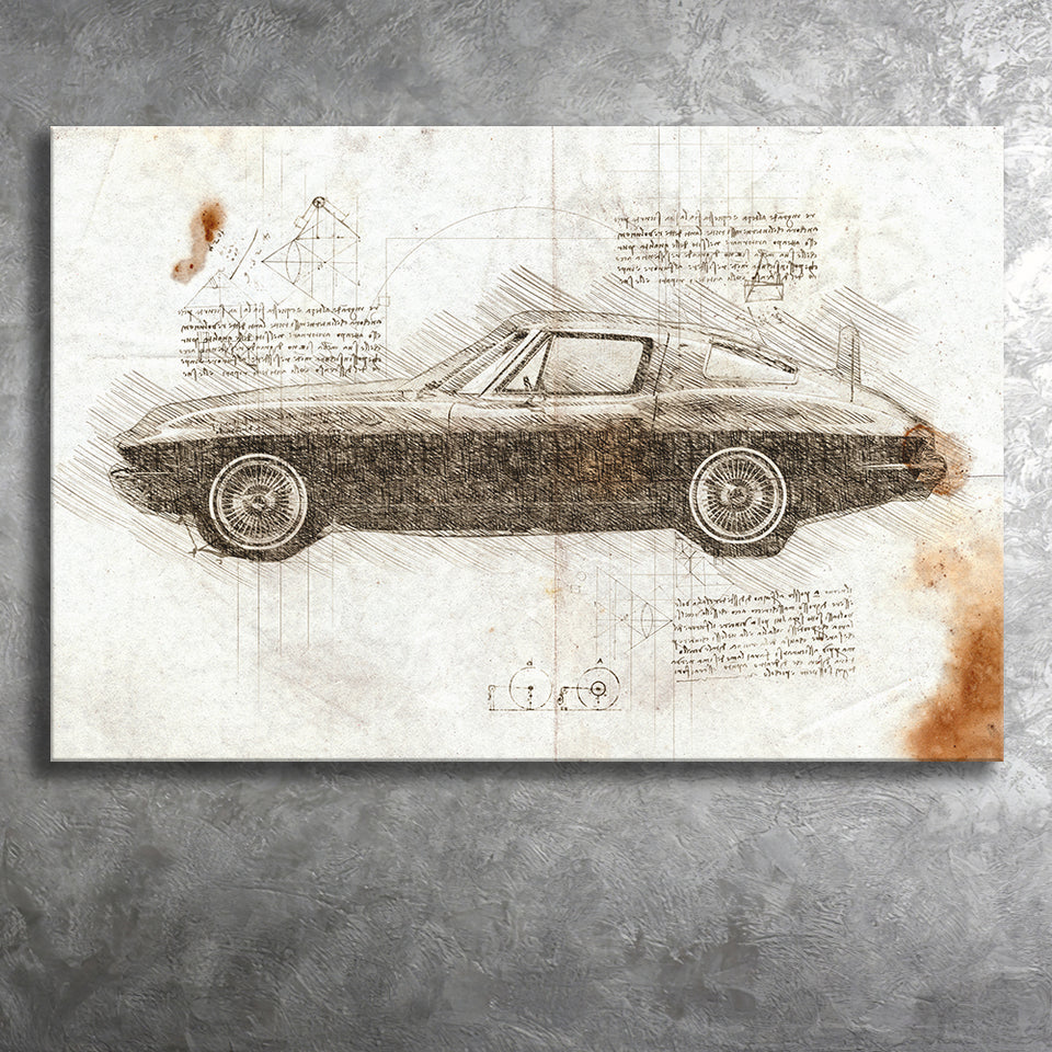 Chevrolet Corvette Stingray 1963 Da Vinci Style Canvas Prints - Painting Canvas, Wall Art,Old Car, Prints for Sale,Wal Decor, Home Decor