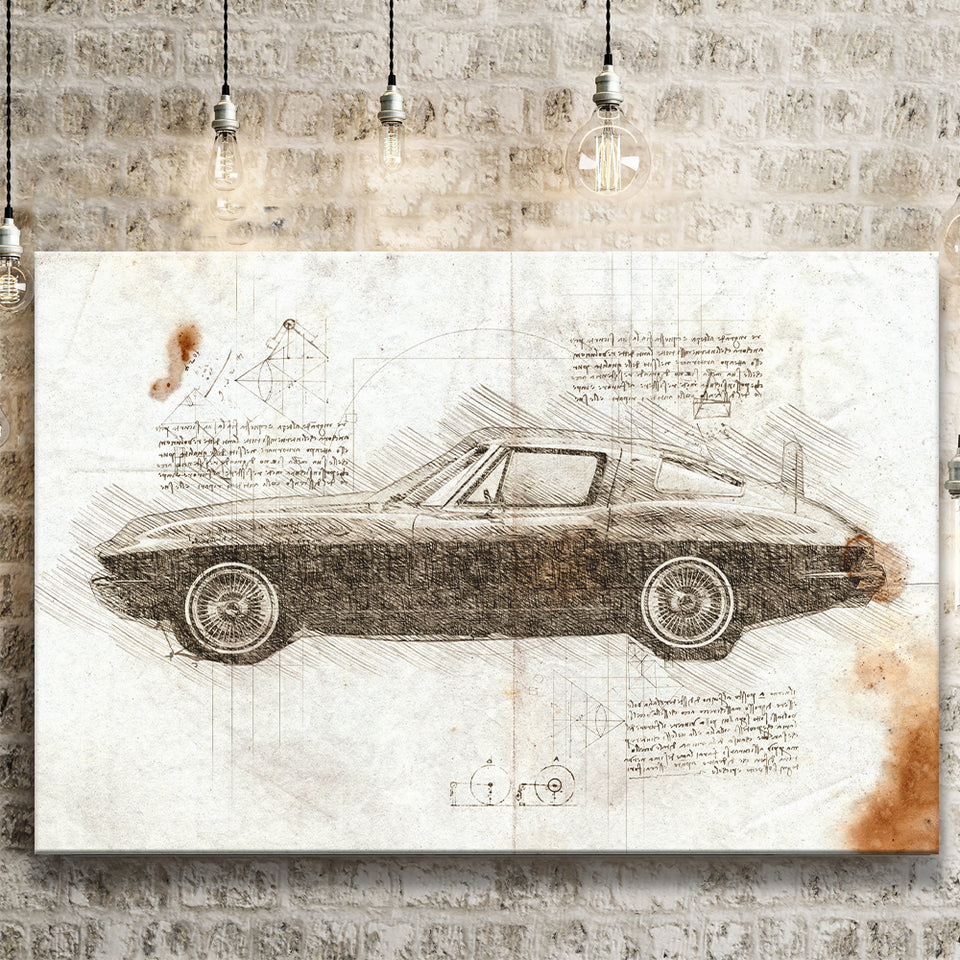 Chevrolet Corvette Stingray 1963 Da Vinci Style Canvas Prints - Painting Canvas, Wall Art,Old Car, Prints for Sale,Wal Decor, Home Decor