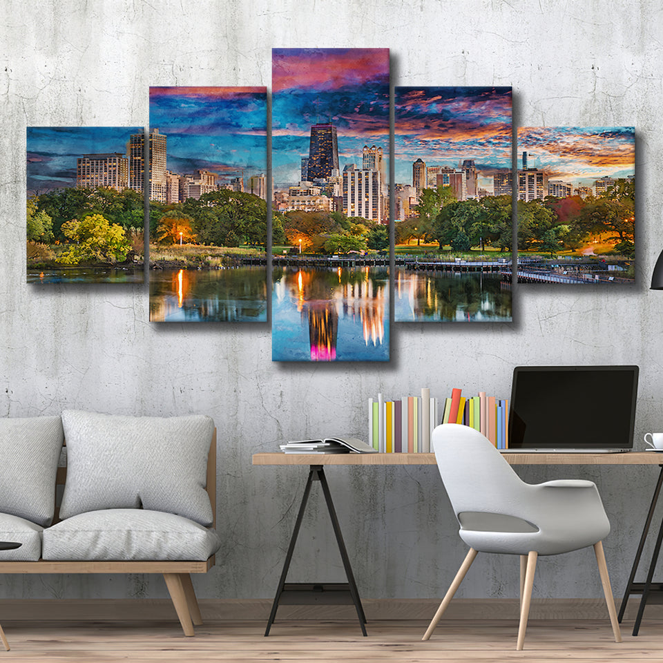 Chicago Illinois Usa Downtown Skyline Lincoln 5 Pieces Mixed Canvas Prints Wall Art Home Decor