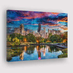 Chicago Illinois Usa Downtown Skyline Lincoln City Art Watercolor Canvas Prints Wall Art Home Decor, Large Canvas