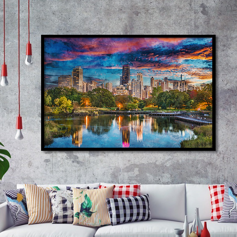Chicago Illinois Usa Downtown Skyline Lincoln City Art Watercolor Framed Art Prints Wall Art Decor,Framed Picture