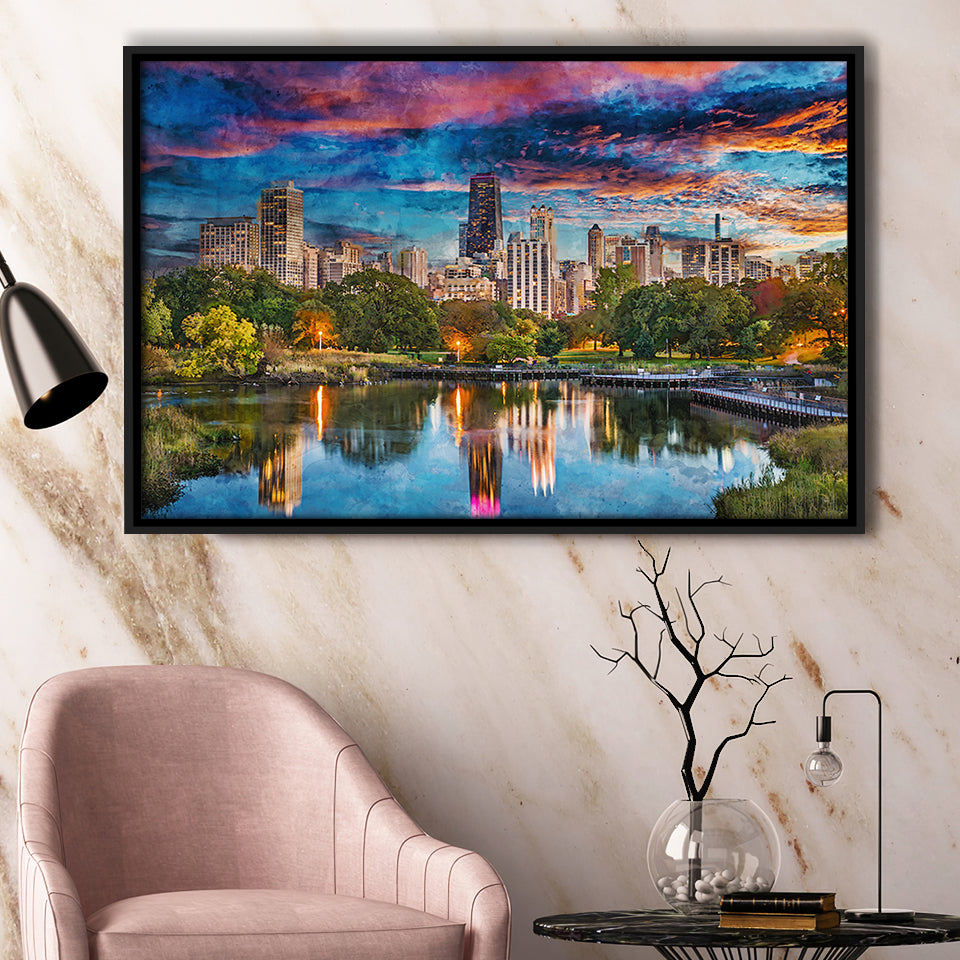 Chicago Illinois Usa Downtown Skyline Lincoln City Art Watercolor Framed Canvas Prints Wall Art Home Decor,Floating Frame
