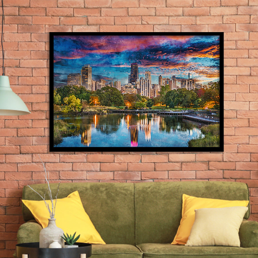 Chicago Illinois Usa Downtown Skyline Lincoln City Art Watercolor Framed Art Prints Wall Art Decor,Framed Picture