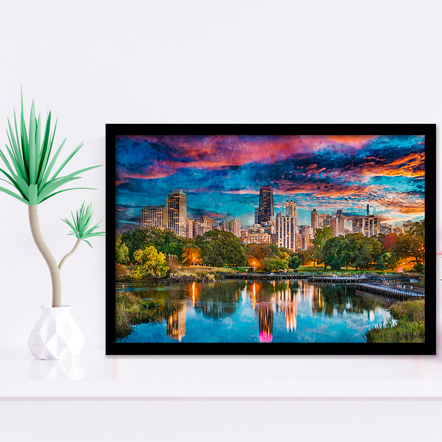 Chicago Illinois Usa Downtown Skyline Lincoln City Art Watercolor Framed Art Prints Wall Art Decor,Framed Picture