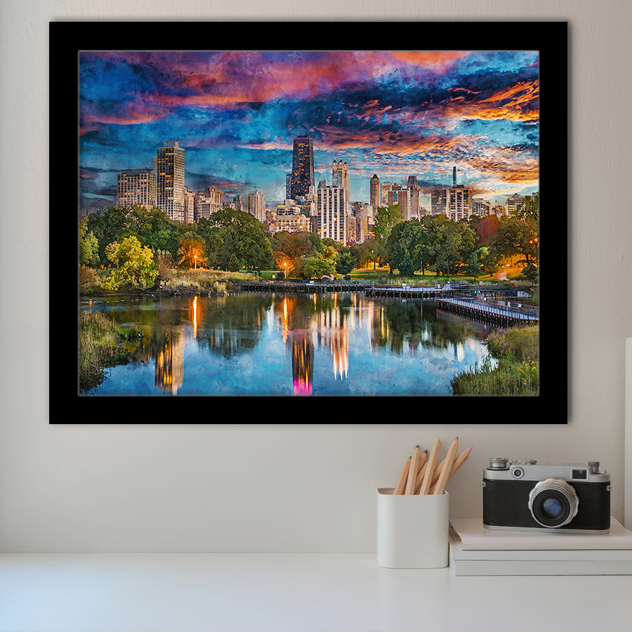 Chicago Illinois Usa Downtown Skyline Lincoln City Art Watercolor Framed Art Prints Wall Art Decor,Framed Picture