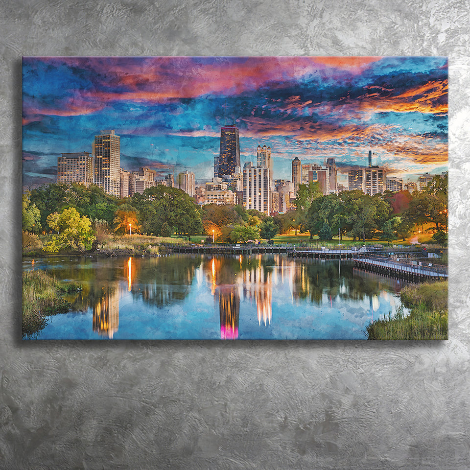 Chicago Illinois Usa Downtown Skyline Lincoln City Art Watercolor Canvas Prints Wall Art Home Decor, Large Canvas