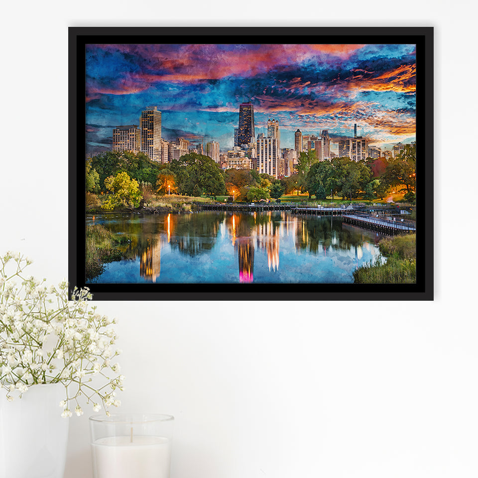 Chicago Illinois Usa Downtown Skyline Lincoln City Art Watercolor Framed Canvas Prints Wall Art Home Decor,Floating Frame