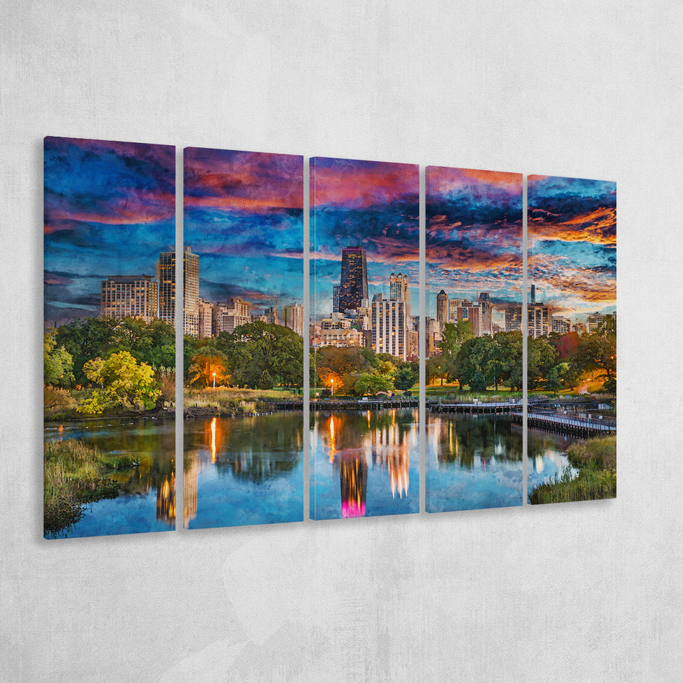 Chicago Illinois Usa Downtown Skyline Lincoln 5 Pieces Extra Large Canvas Prints Wall Art Home Decor