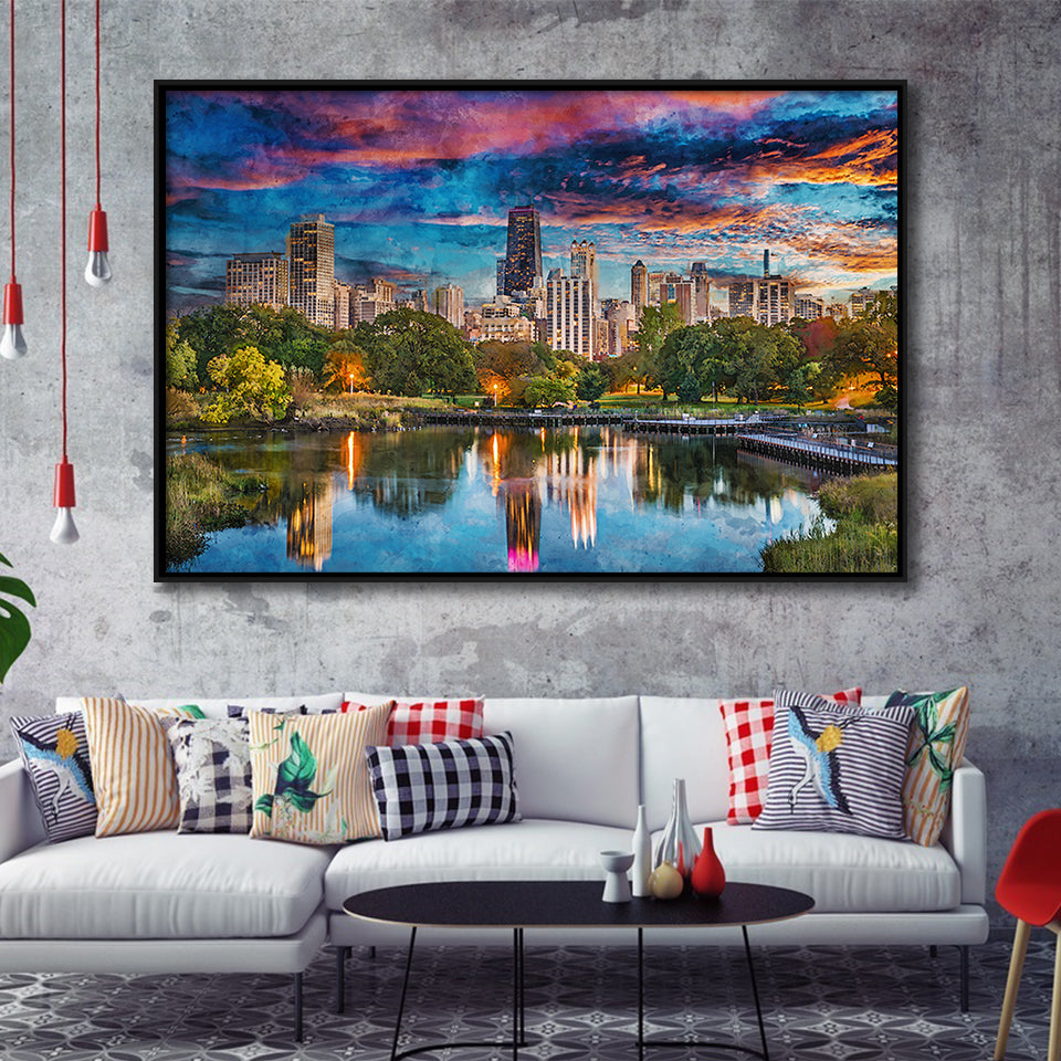 Chicago Illinois Usa Downtown Skyline Lincoln City Art Watercolor Framed Canvas Prints Wall Art Home Decor,Floating Frame