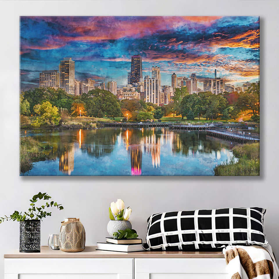 Chicago Illinois Usa Downtown Skyline Lincoln City Art Watercolor Canvas Prints Wall Art Home Decor, Large Canvas