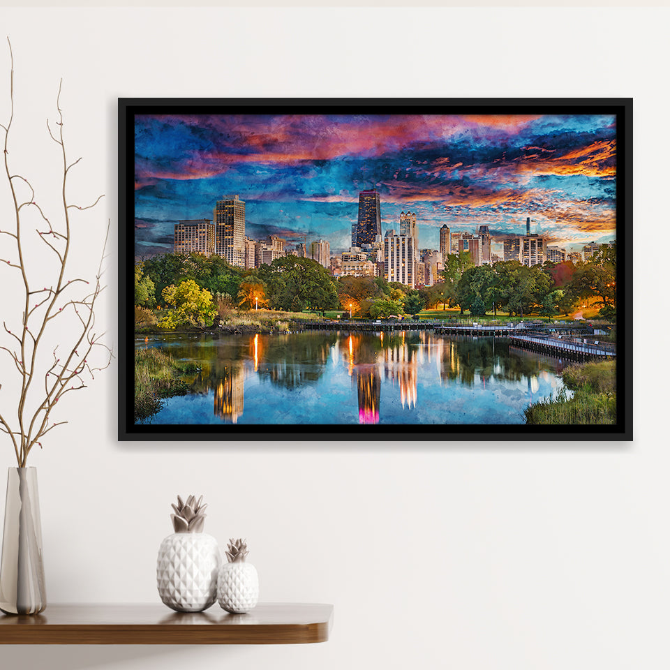 Chicago Illinois Usa Downtown Skyline Lincoln City Art Watercolor Framed Canvas Prints Wall Art Home Decor,Floating Frame