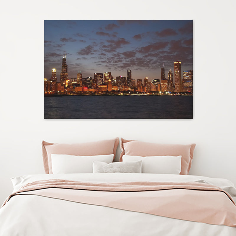Chicago City Skyline At Night Canvas Wall Art - Canvas Prints, Prints For Sale, Painting Canvas,Canvas On Sale 