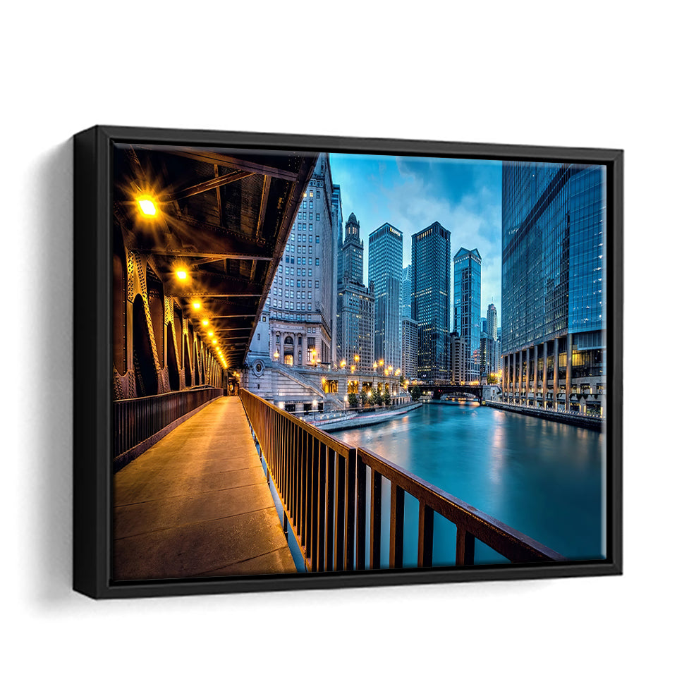 Chicago City Usa Evening River Framed Canvas Wall Art - Framed Prints, Prints for Sale, Canvas Painting