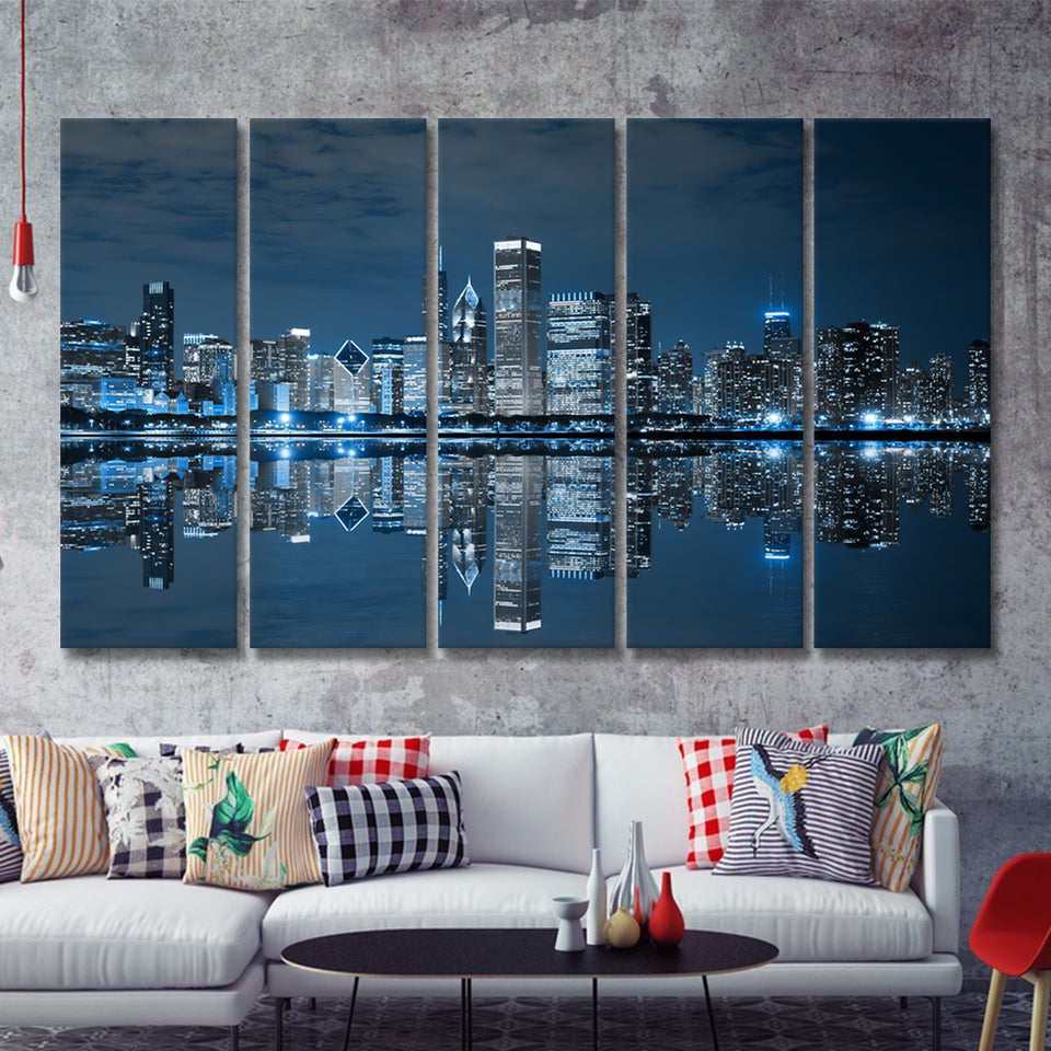 Chicago Downtown at Night 5 Pieces Canvas Prints Wall Art - Painting Canvas, Multi Panels, Wall Decor