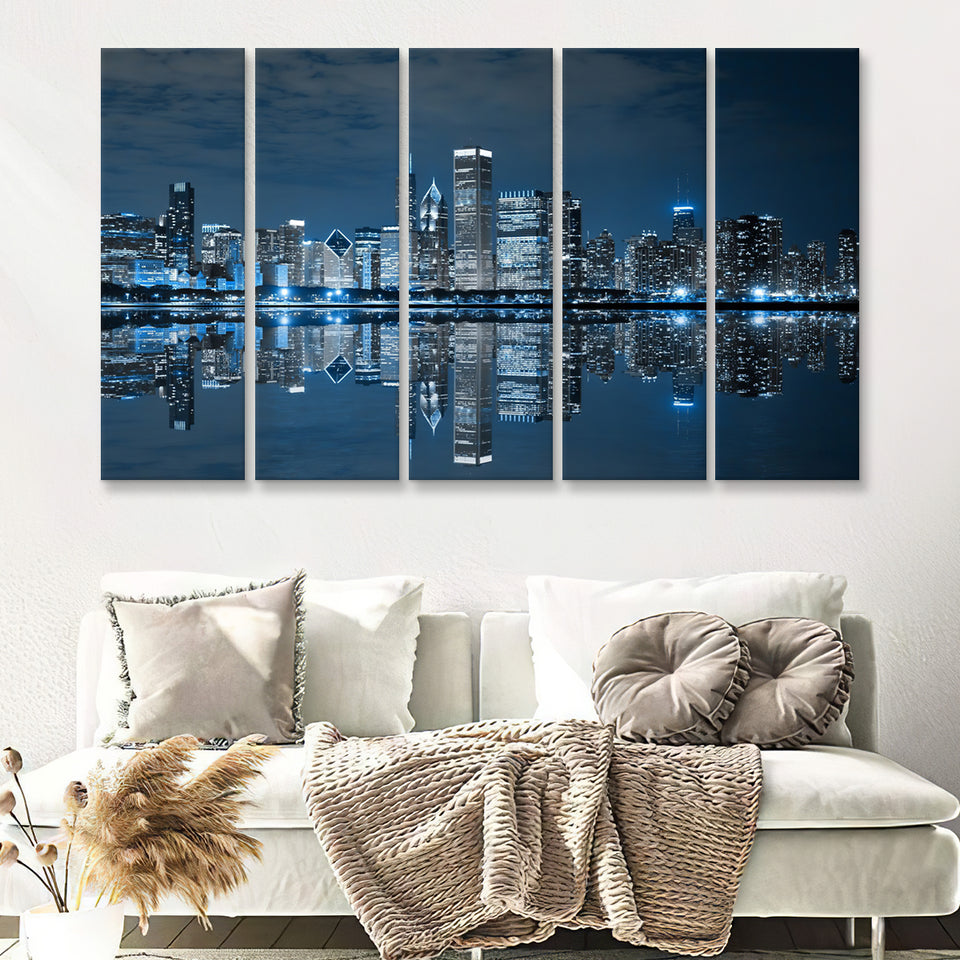 Chicago Downtown at Night 5 Pieces Canvas Prints Wall Art - Painting Canvas, Multi Panels, Wall Decor