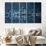 Chicago Downtown at Night 5 Pieces Canvas Prints Wall Art - Painting Canvas, Multi Panels, Wall Decor