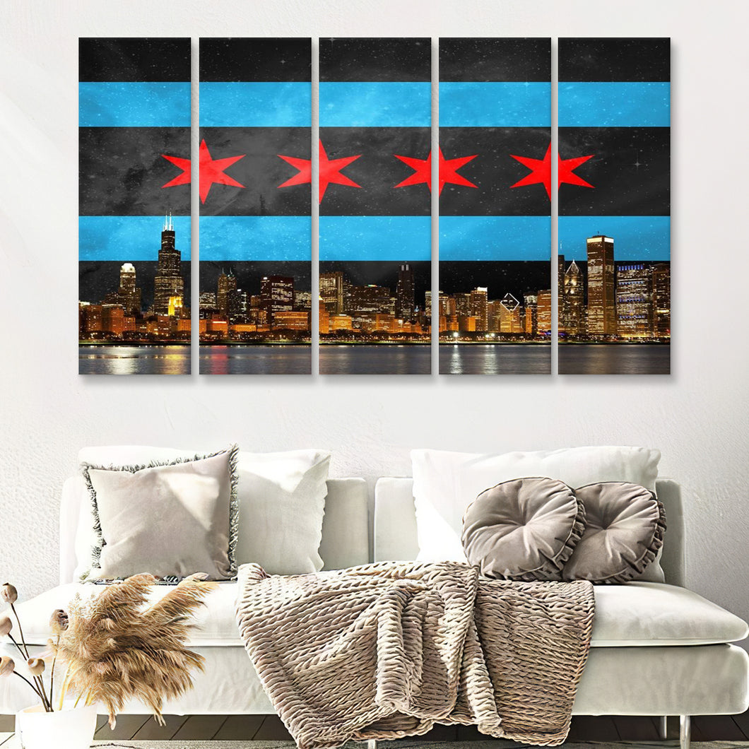 Chicago Flag Skyline 5 Pieces B Canvas Prints Wall Art - Painting Canvas, Multi Panels,5 Panel, Wall Decor