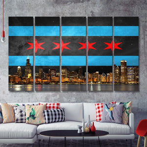 Chicago Flag Skyline 5 Pieces B Canvas Prints Wall Art - Painting Canvas, Multi Panels,5 Panel, Wall Decor