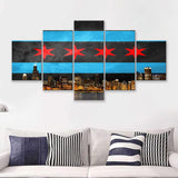 Chicago Flag Skyline  5 Pieces Canvas Prints Wall Art - Painting Canvas, Multi Panels, 5 Panel, Wall Decor