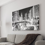 Chicago River Buildings At Night In Black And White Canvas Wall Art - Canvas Prints, Prints for Sale, Canvas Painting, Canvas On Sale