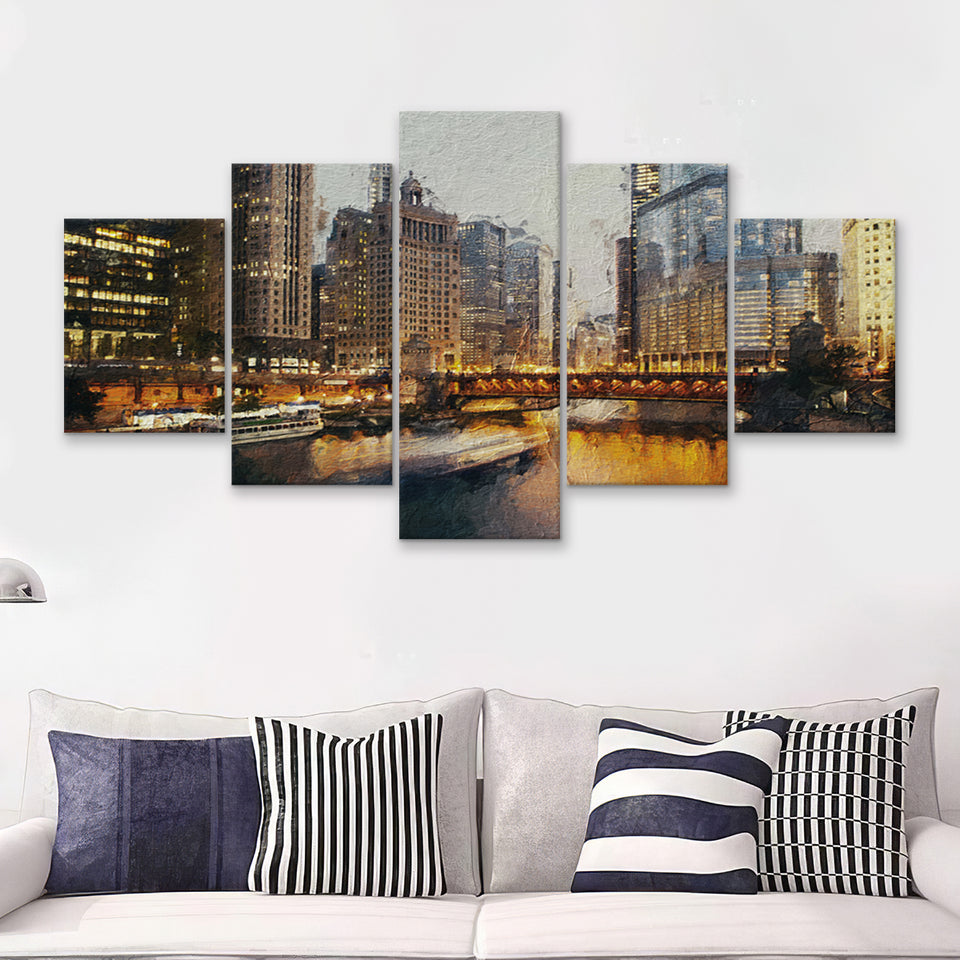 Chicago Skyline Chicago Contemporary 5 Piece Canvas Prints Wall Art Decor - Painting Canvas, Multi Panels