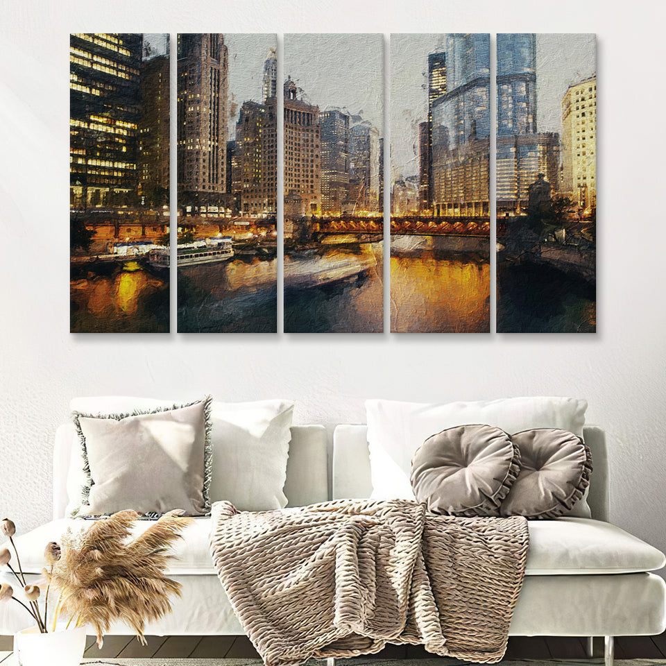 Chicago Skyline Chicago Contemporary 5 Piece B Canvas Prints Wall Art Decor - Painting Canvas, Multi Panels