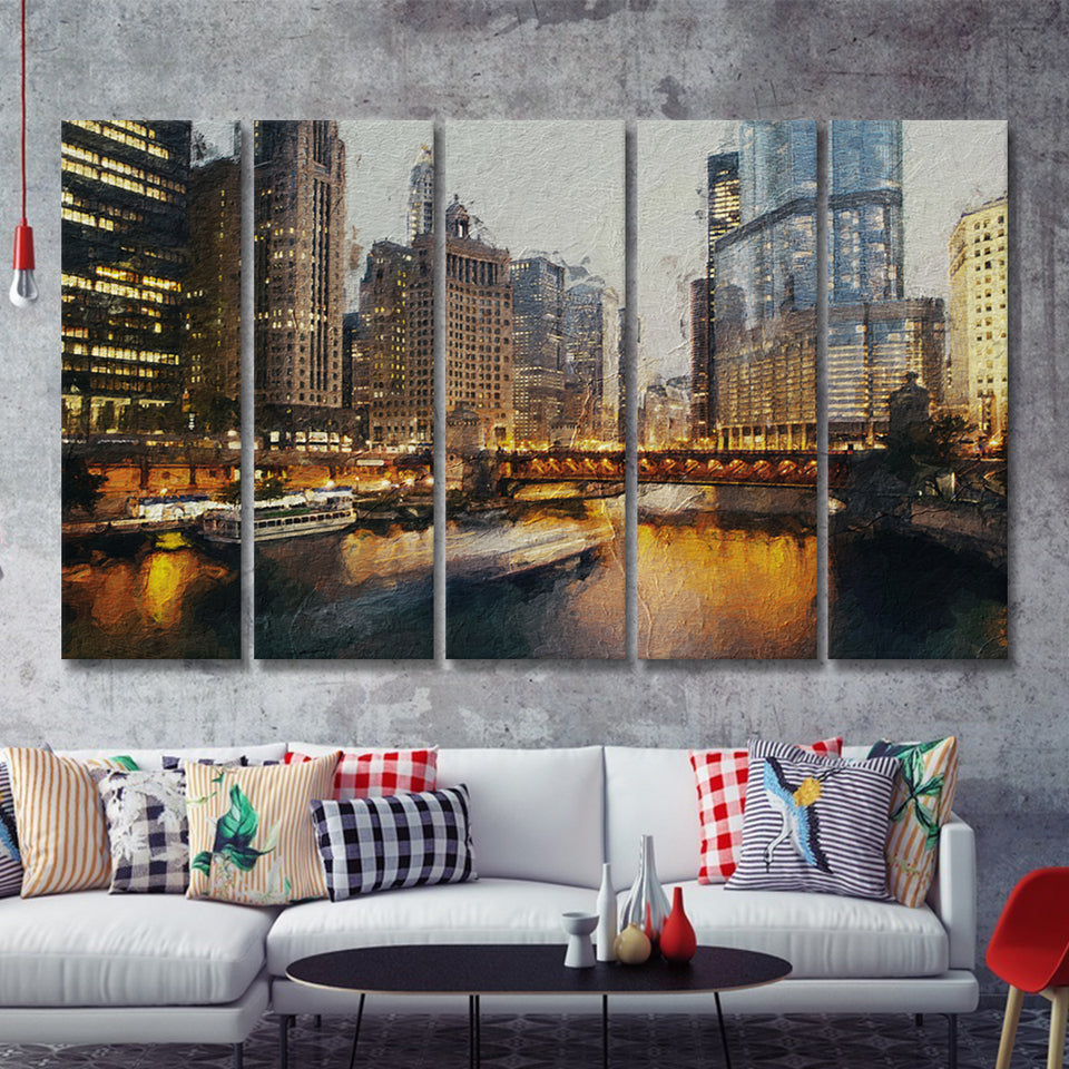 Chicago Skyline Chicago Contemporary 5 Piece B Canvas Prints Wall Art Decor - Painting Canvas, Multi Panels