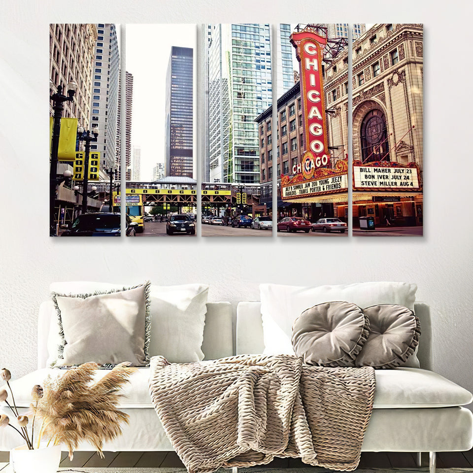 Chicago Theater On State Street Chicago Illinois 5 Pieces Canvas Prints Wall Art - Painting Canvas, Multi Panels, Wall Decor