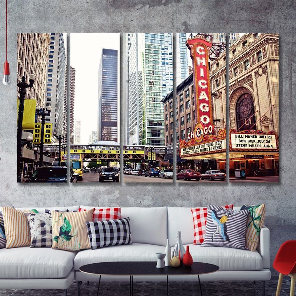 Chicago Theater On State Street Chicago Illinois 5 Pieces Canvas Prints Wall Art - Painting Canvas, Multi Panels, Wall Decor