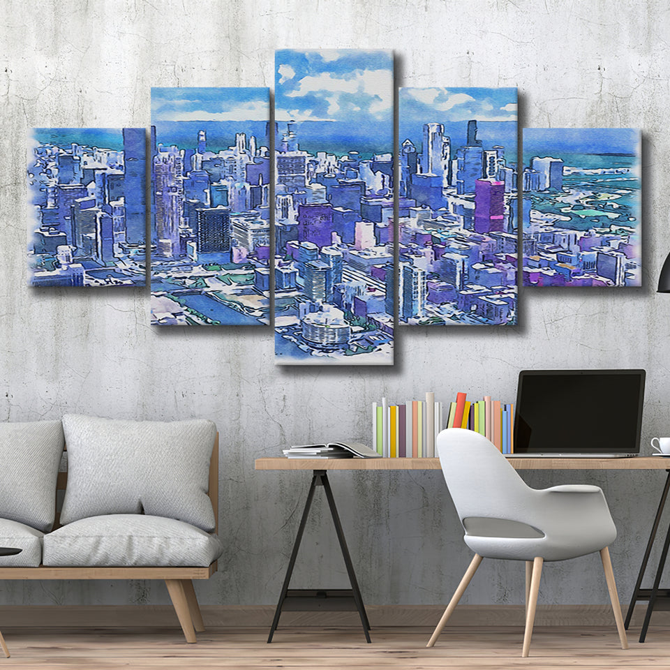 Chicago Watercolor Chicago Illinois, 5 Pieces, Multi Panel Canvas Prints Wall Art Decor