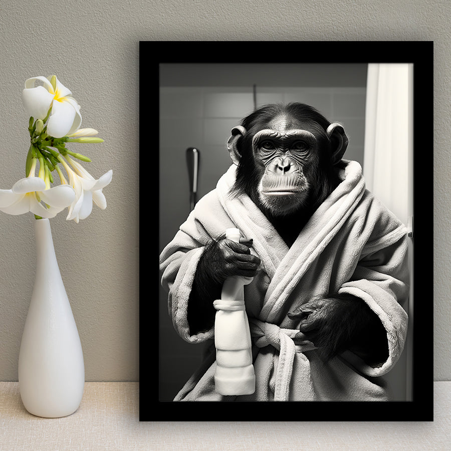 Chimp In Bathrobe Bathroom Art Funny Chimp Black And White, Painting Art, Framed Art Prints Wall Decor