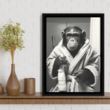 Chimp In Bathrobe Bathroom Art Funny Chimp Black And White,Framed Canvas Prints,Floating Frame, Wall Art Home Decor