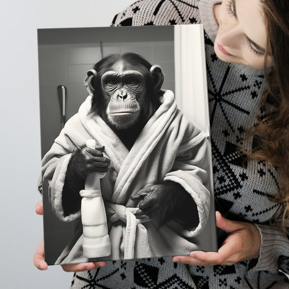 Chimp In Bathrobe Bathroom Art Funny Chimp Black And White, Painting Art, Canvas Prints Wall Art Home Decor