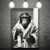 Chimp In Bathrobe Bathroom Art Funny Chimp Black And White, Painting Art, Canvas Prints Wall Art Home Decor