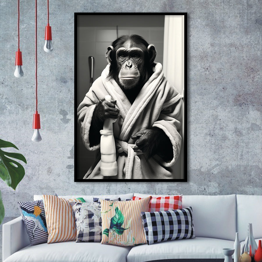 Chimp In Bathrobe Bathroom Art Funny Chimp Black And White, Painting Art, Framed Art Prints Wall Decor