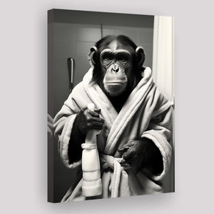 Chimp In Bathrobe Bathroom Art Funny Chimp Black And White, Painting Art, Canvas Prints Wall Art Home Decor