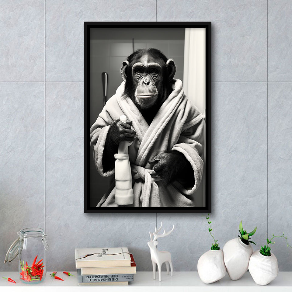 Chimp In Bathrobe Bathroom Art Funny Chimp Black And White,Framed Canvas Prints,Floating Frame, Wall Art Home Decor